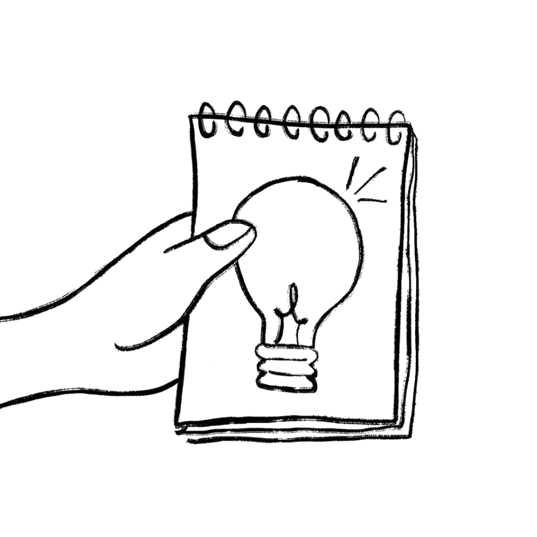 An illustration of a hand holding a notepad with a lightbulb drawn on it.