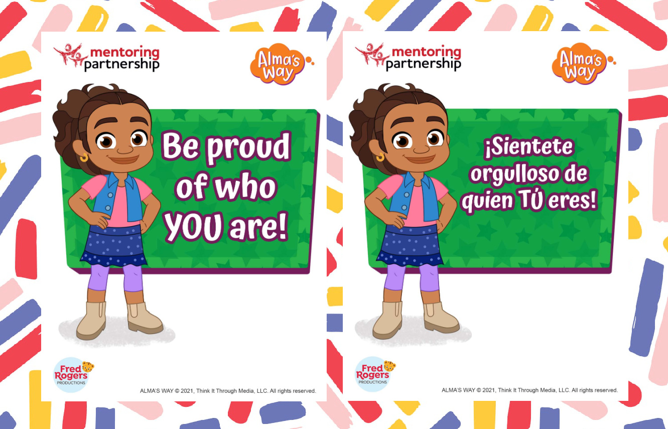 This graphic contains 2 examples of encouragement cards for kids. Both feature an illustration of a girl with a message to the right. First graphic reads 'Be proud of who you are!'. The second graphic is in Spanish and reads '¡Sientete orgulloso de quien TÚ eres!